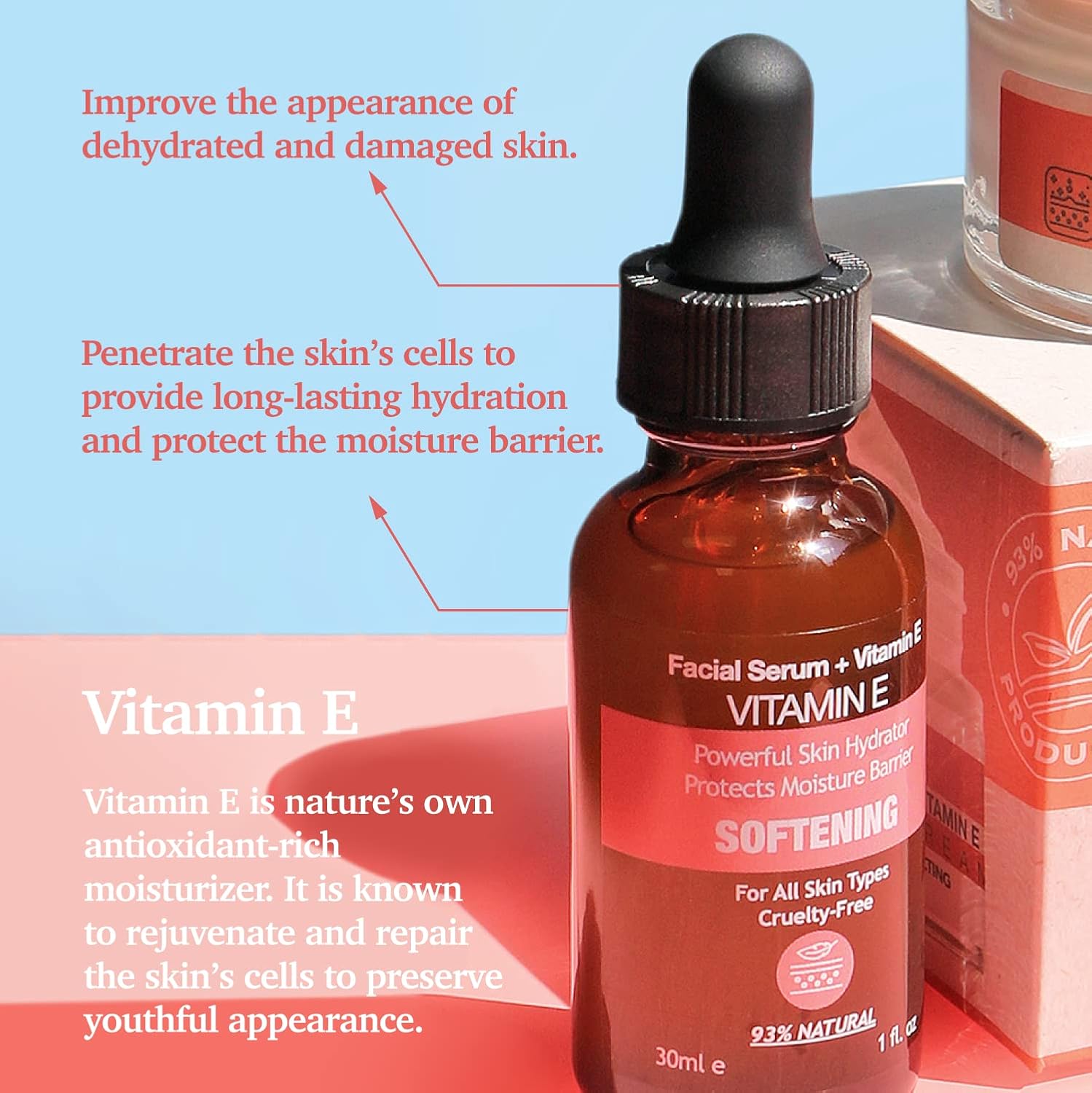 NATURAL VITAMIN E Facial Serum for Hydrating Softening Dry Face Skin Everyday Use Vegan Pairs Well with Vitamin C Face Serum & Hylunaric Acid Moisturizer 30ml PURIFECT MADE IN USA