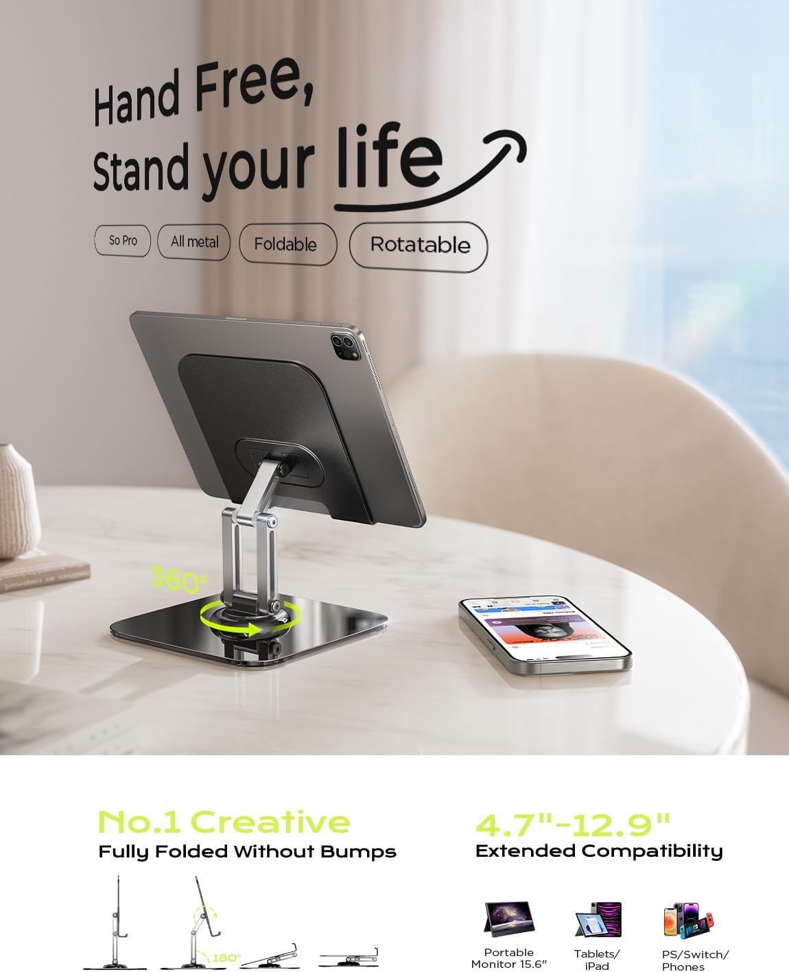 LISEN for iPad Stand Holder Adjustable Tablet Stand for Desk, 2025 for iPad Accessories Rotating Display Stand PC Office Accessories for Desk Women Kindle Table Mount/PS/Switch iPhone 12.9"-4.7" - Image 7