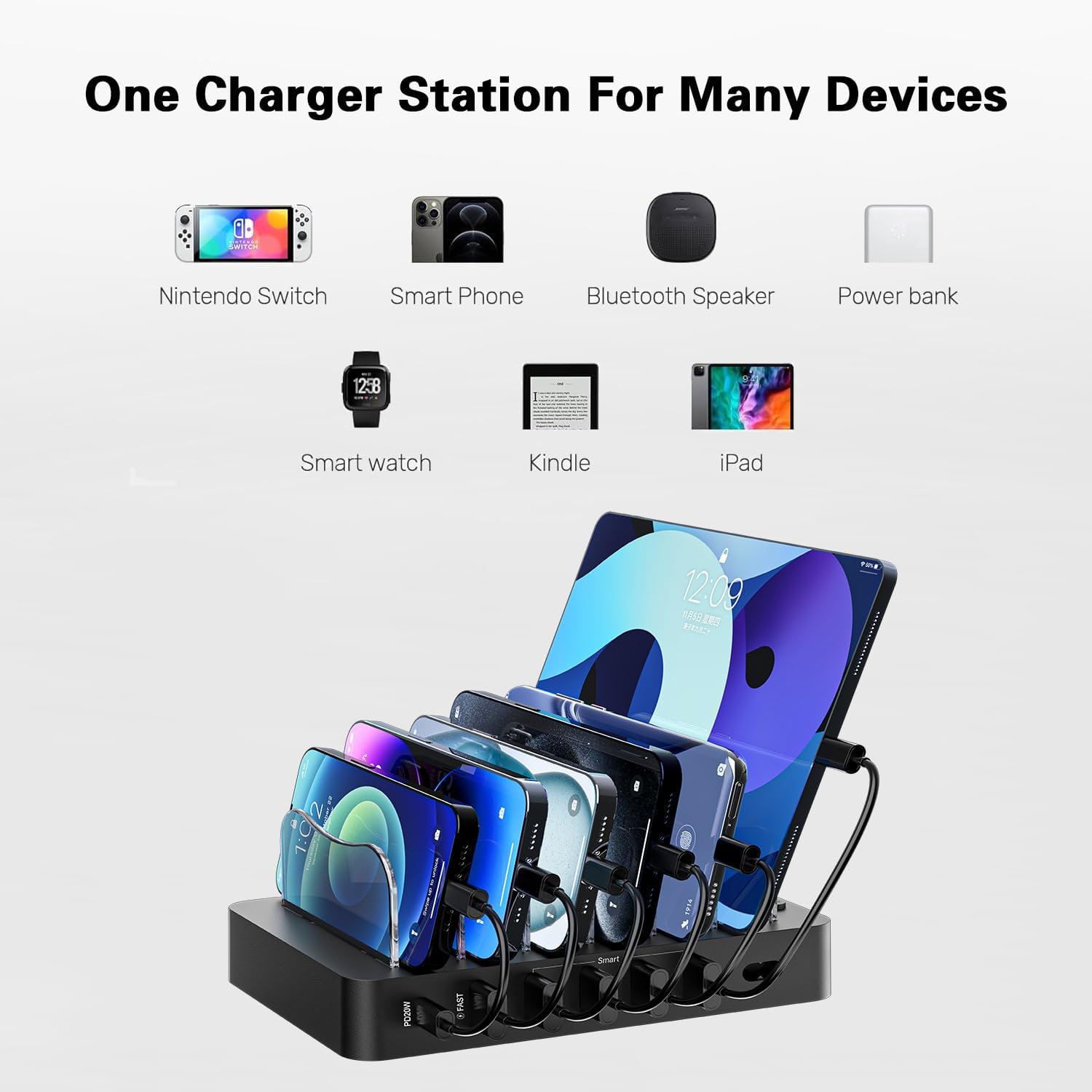 Charging Station for Multiple Devices: 68W 6 Port 20W Fast Phone Charger Dock with 6 Cables, Compatible with Apple Cellphone iPad iPhone Tablet and Other Electronic (Black) - Image 6