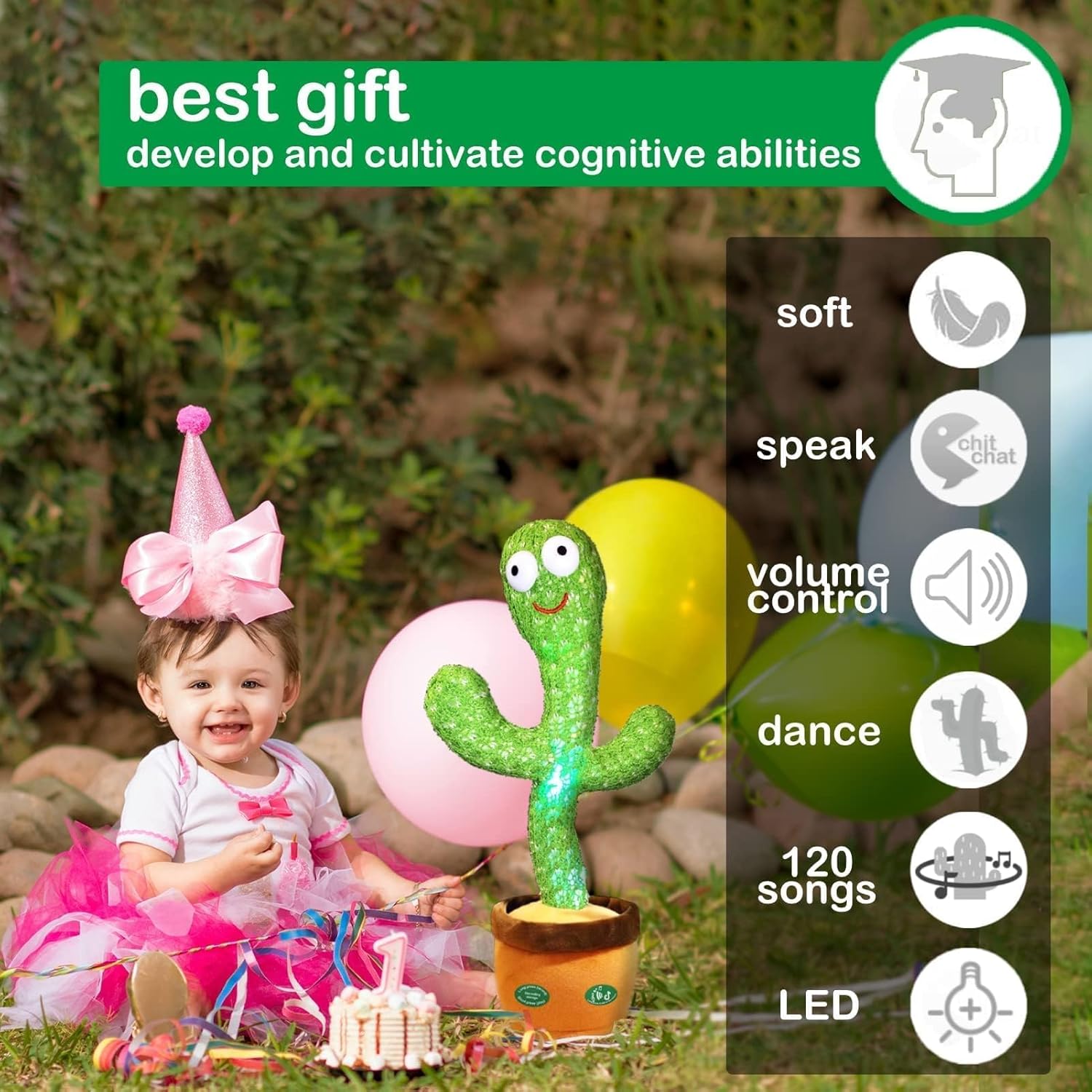 Pbooo Dancing Talking Cactus Mimicking Toy,Talking Repeat Singing Sunny Cactus Toy 120 Pcs Songs for Baby 15S Record Your Sound Sing+Dancing+Recording+LED - Image 4