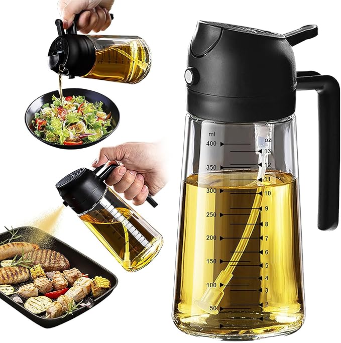 TrendPlain 16oz/470ml Glass Olive Oil Sprayer for Cooking – 2 in 1 Olive Oil Dispenser Bottle for Kitchen Gadgets and Air Fryer Accessories, Salad, BBQ - Black