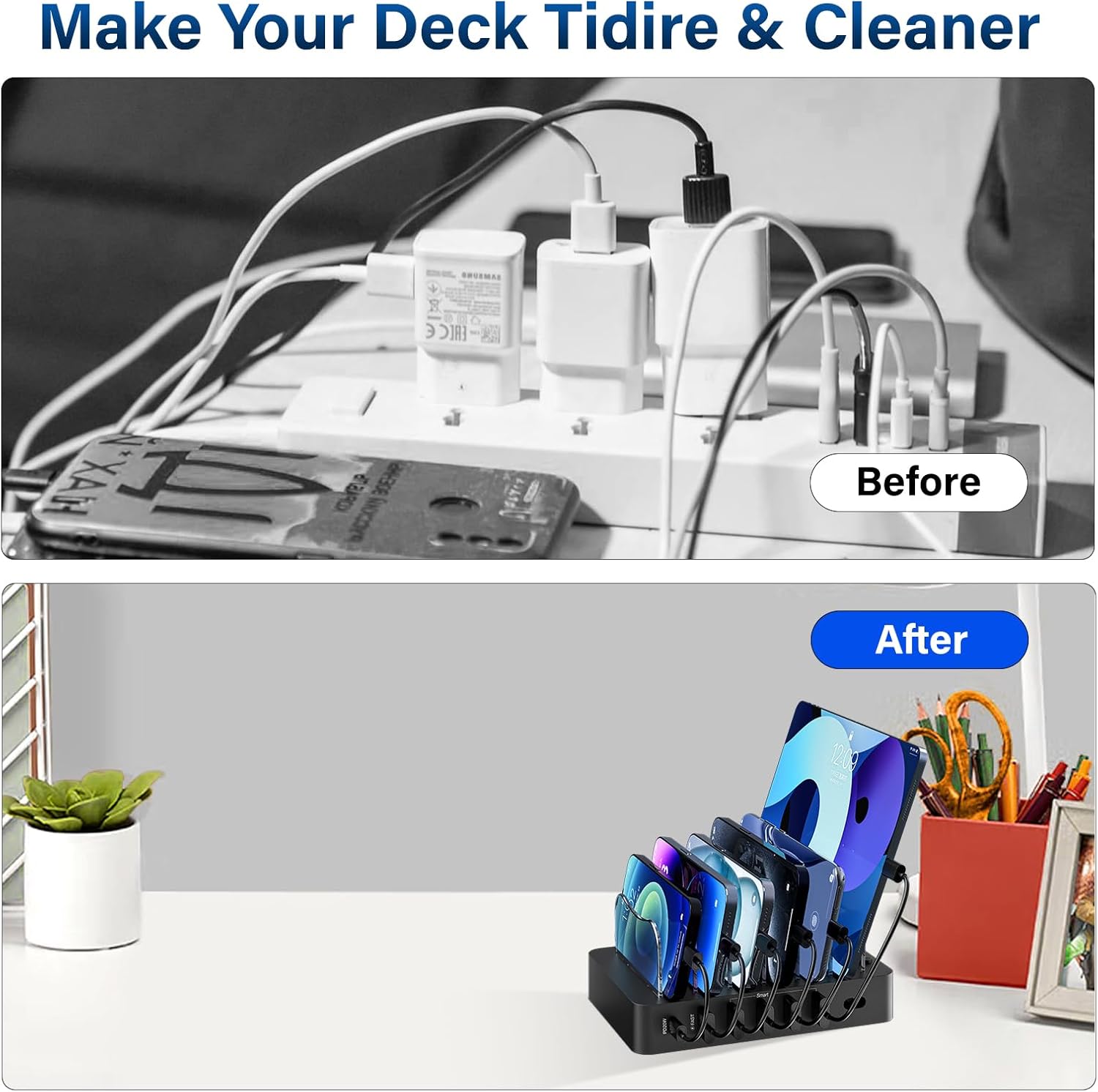 Charging Station for Multiple Devices: 68W 6 Port 20W Fast Phone Charger Dock with 6 Cables, Compatible with Apple Cellphone iPad iPhone Tablet and Other Electronic (Black) - Image 7