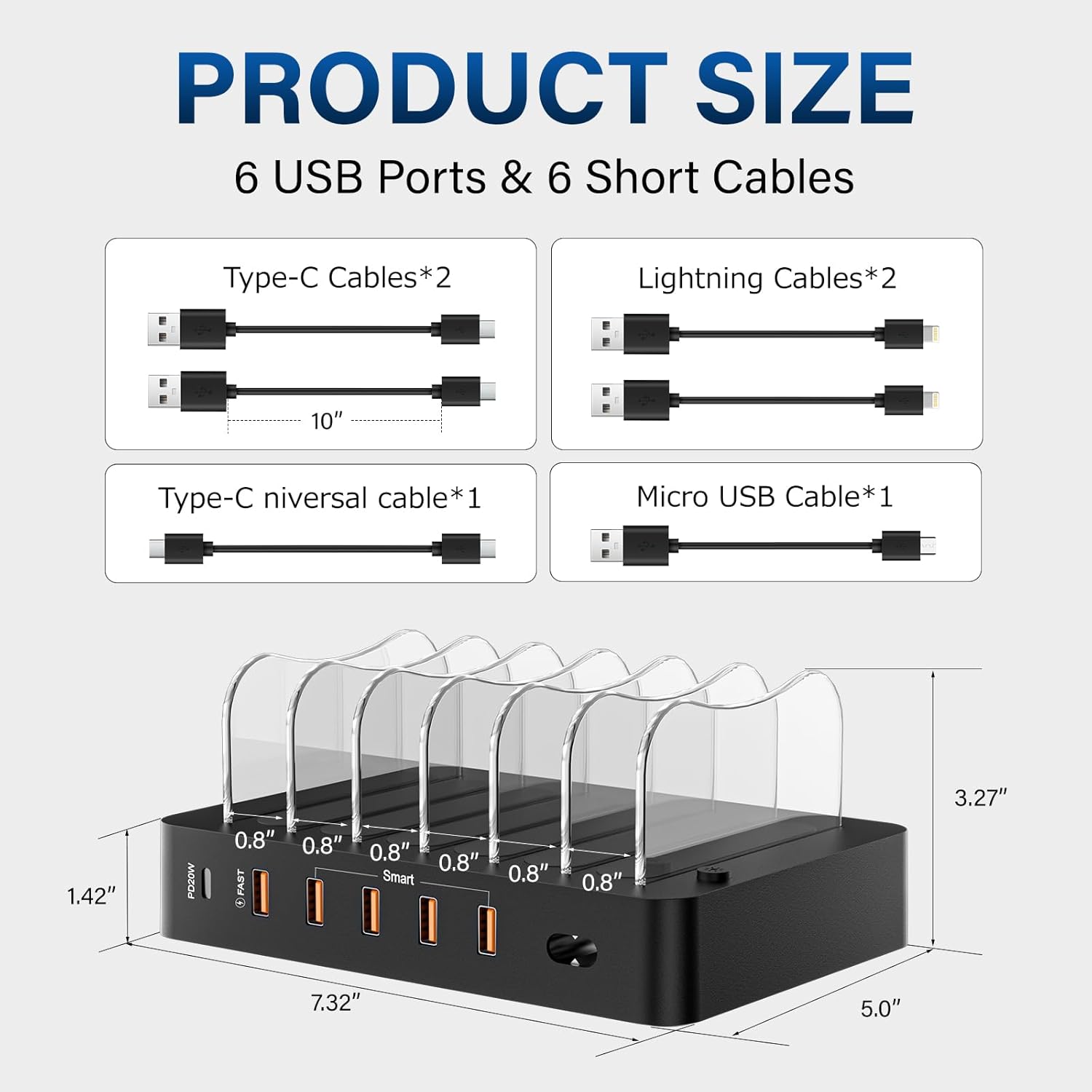 Charging Station for Multiple Devices: 68W 6 Port 20W Fast Phone Charger Dock with 6 Cables, Compatible with Apple Cellphone iPad iPhone Tablet and Other Electronic (Black) - Image 3