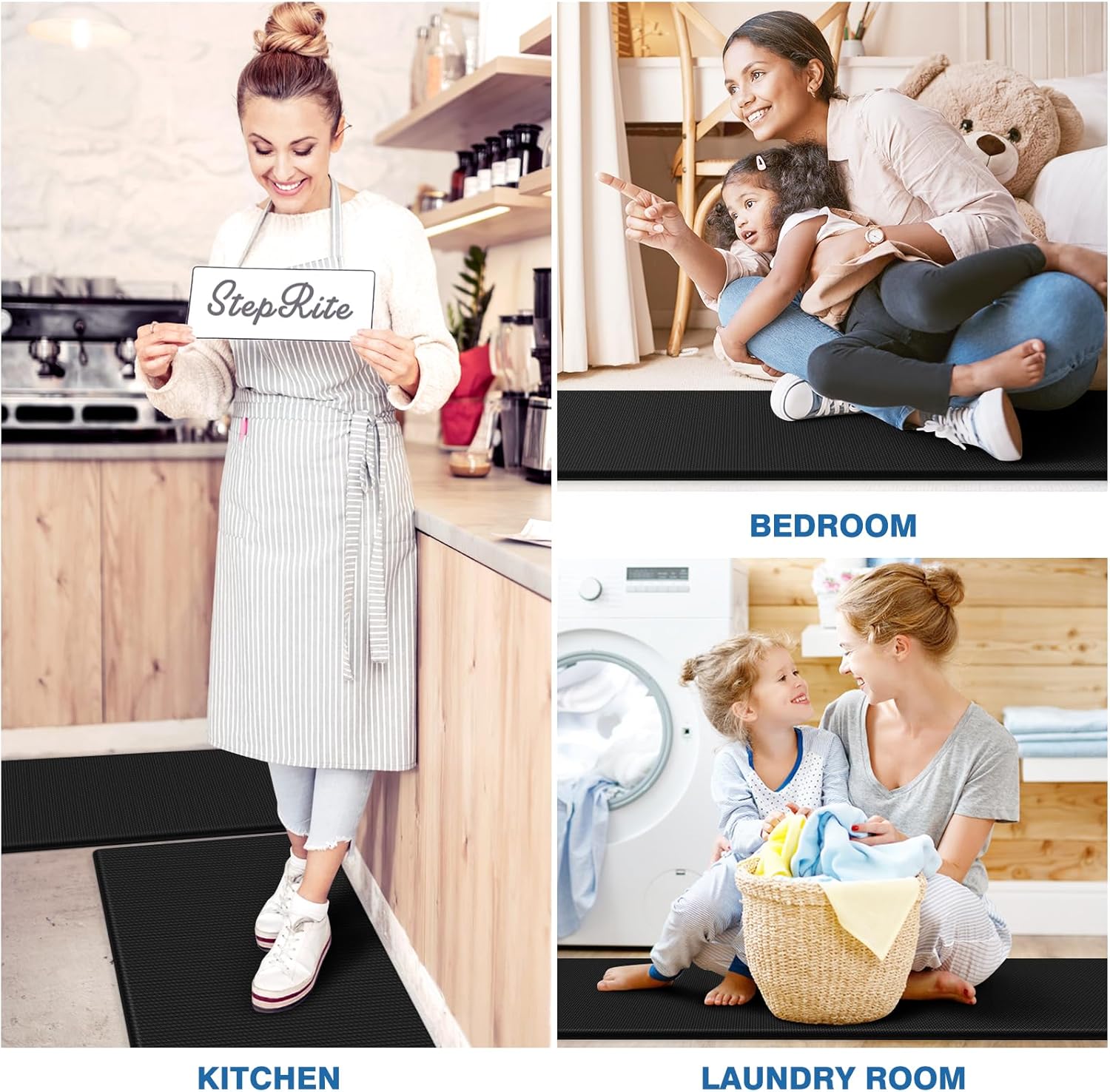 StepRite Kitchen Mats, 2PCS Kitchen Rugs, Cushioned Anti Fatigue Kitchen Mats for Floor, Non-Slip Standing Desk Mat, Waterproof Kitchen Rug Set for Kitchen, Floor, Office, 17.3"x30"+17.3"x47", Black - Image 8