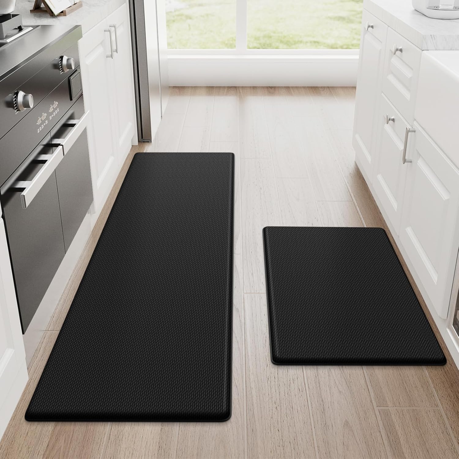 StepRite Kitchen Mats, 2PCS Kitchen Rugs, Cushioned Anti Fatigue Kitchen Mats for Floor, Non-Slip Standing Desk Mat, Waterproof Kitchen Rug Set for Kitchen, Floor, Office, 17.3"x30"+17.3"x47", Black - Image 5