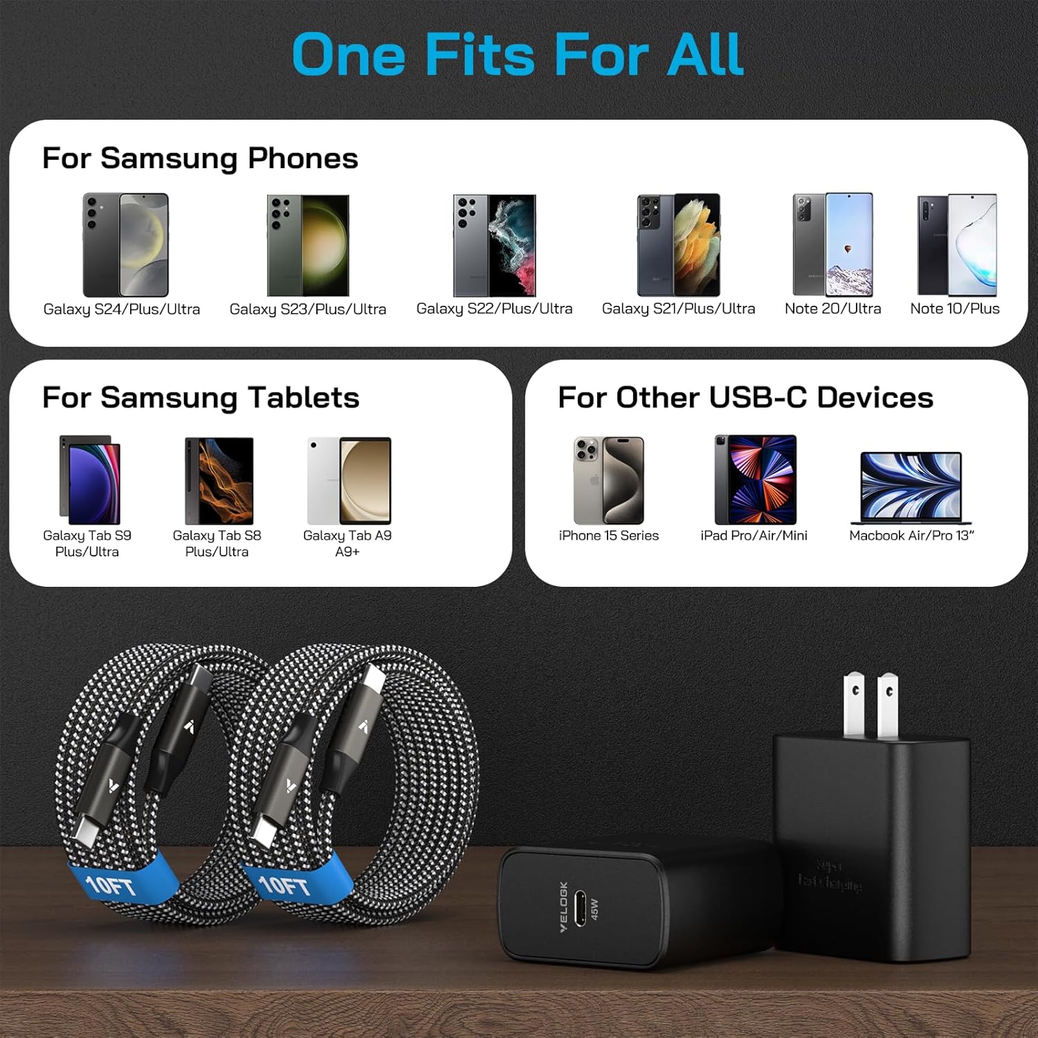 45W Super Fast Charger USB C, 45 Watt Type-C Android Phone Charger Fast Charging Block with 10FT Type C Cords for Samsung Galaxy S25 Ultra/S24 Ultra/S24+/S23 Ultra/S23+/S22 Plus/S20, Tab S9/S8 Ultra - Image 6